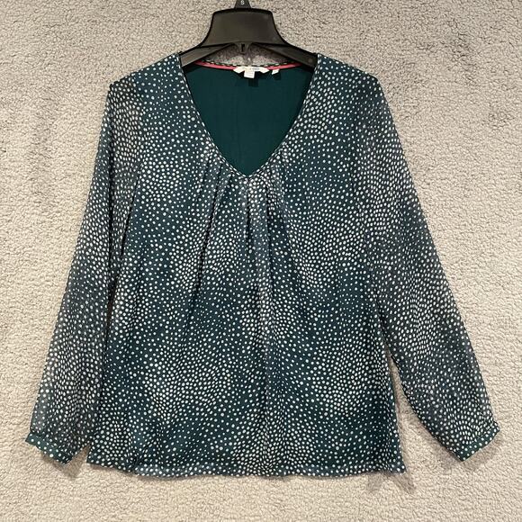 Boden Blouse Womens US 8 Green White Polka Dot Long Sleeve V Neck Top Sheer - Picture 1 of 8